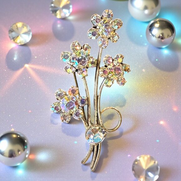 Austria Jewelry - Vintage Austria AB Crystal Rhinestone Floral Spray Brooch Bouquet Pin